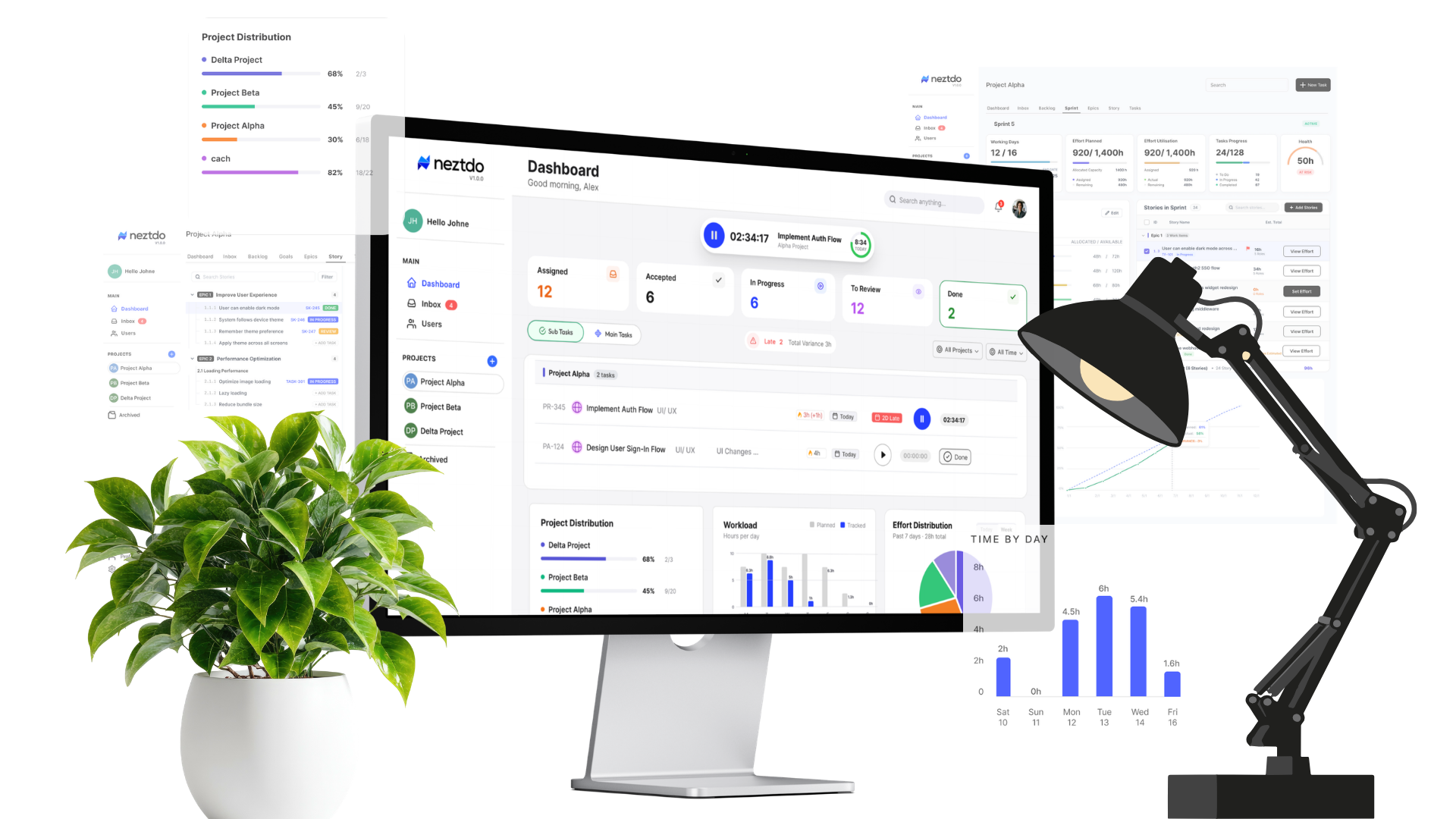 Neztdo dashboard on a desktop monitor surrounded by project views, a plant and a desk lamp